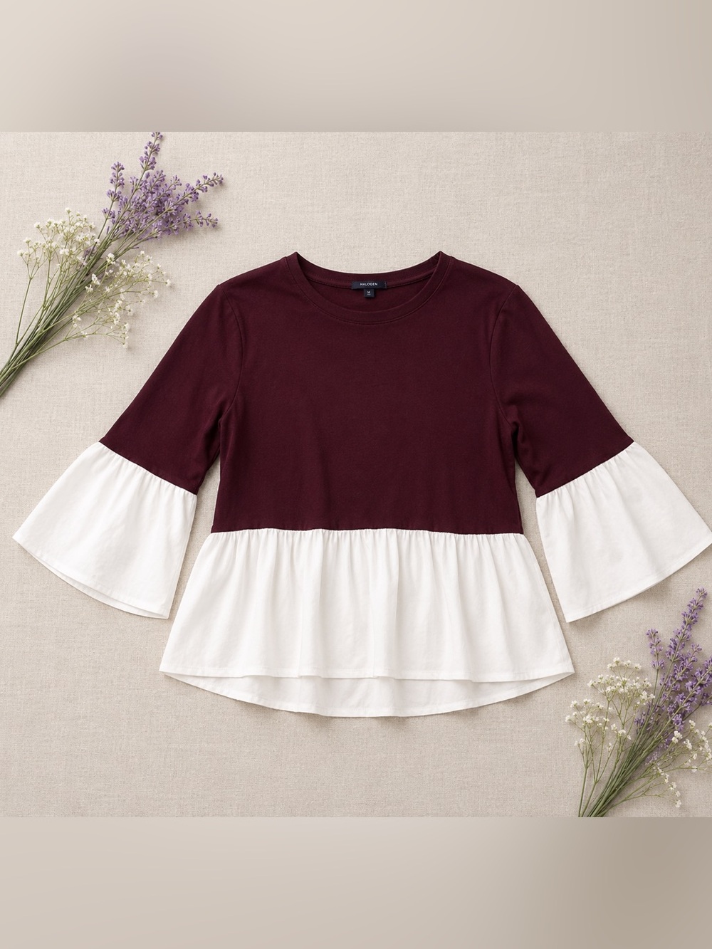 Halogen Burgundy & White Tiered Peplum Top | Bell Sleeve | Size Medium